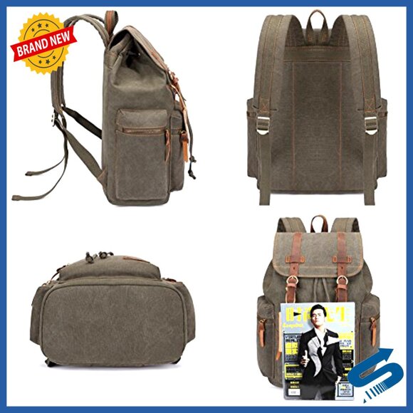Vintage Canvas Backpack Leather Trim Casual Daypack Laptop Travel Rucksack